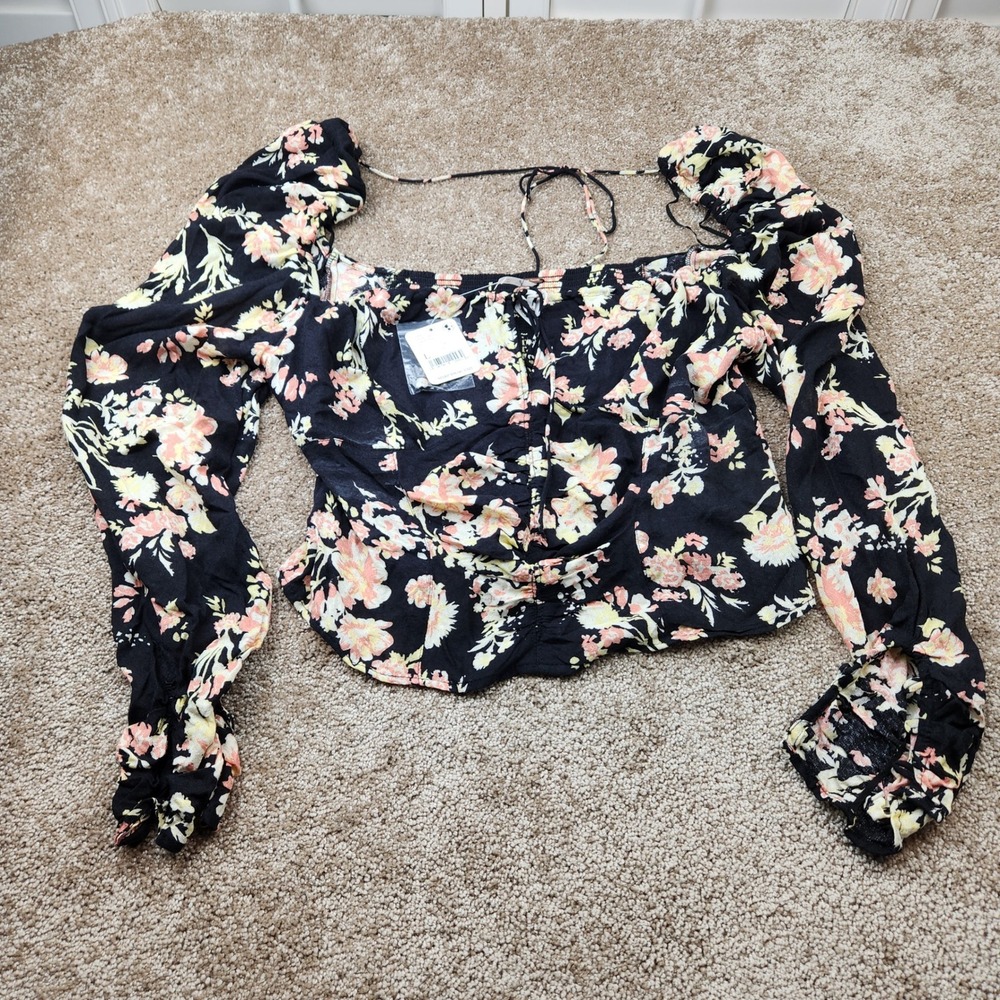 Free People Black Combo Floral Long Sleeve Smock‎ Top OB1569574 Womens Large NEW